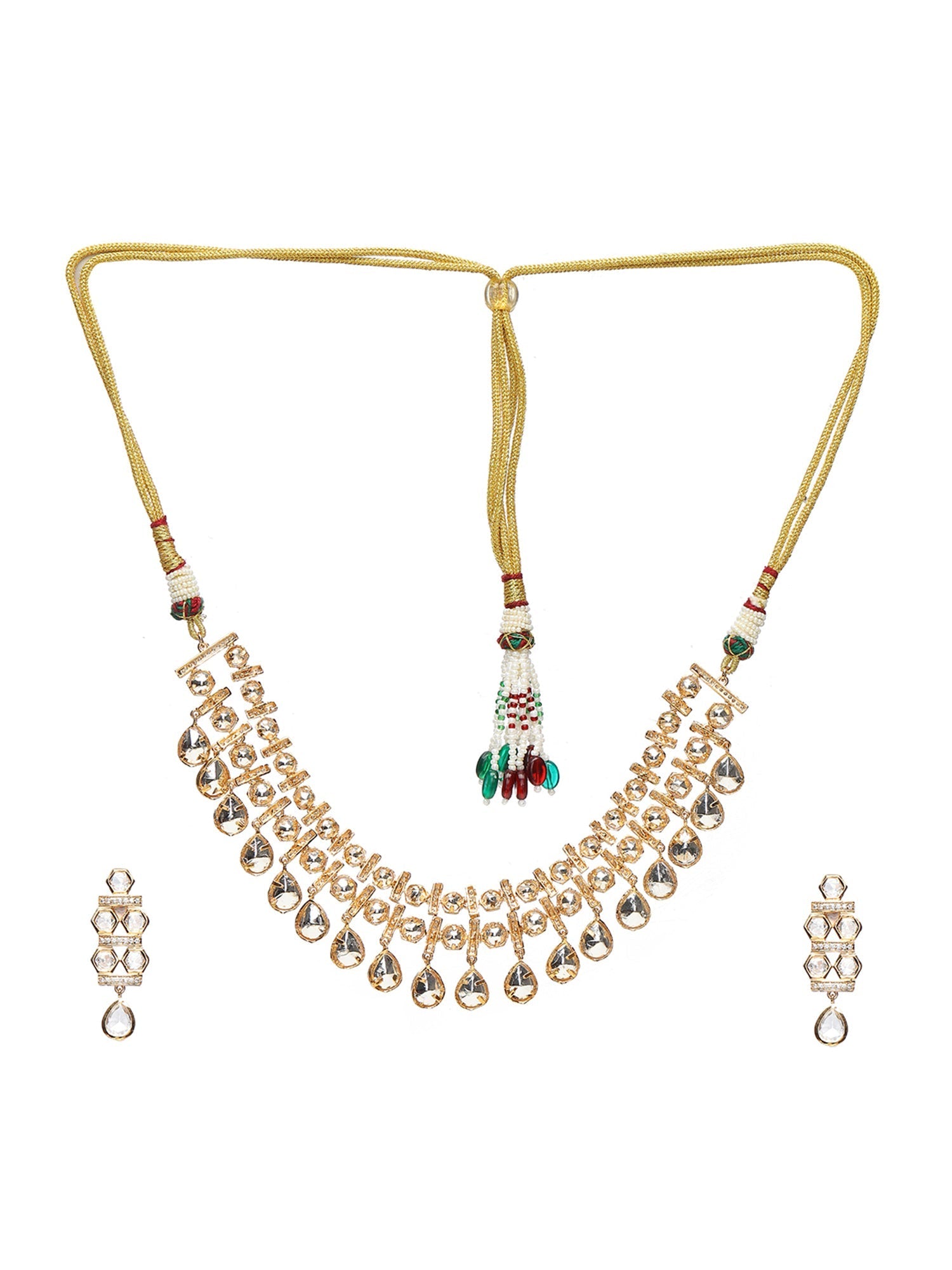 Kundan & Mossainite Necklace with Earrings - Ruby Raang - Swadesiicart