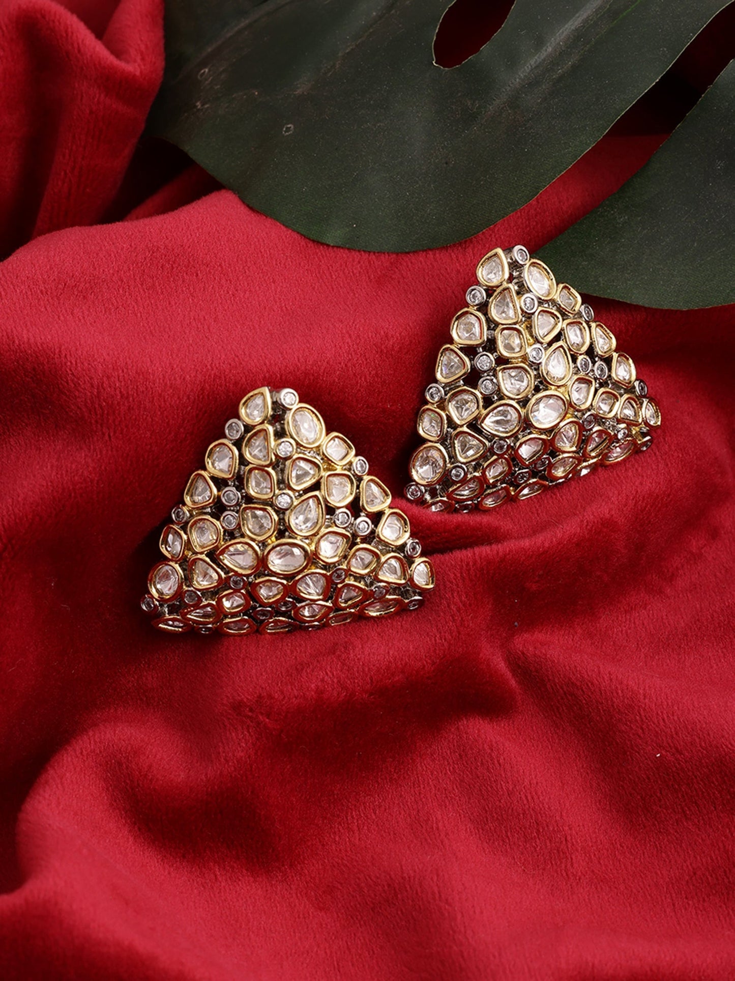 Triangle Dual Tone Kundan Earrings - Ruby Raang | Swadesiicart
