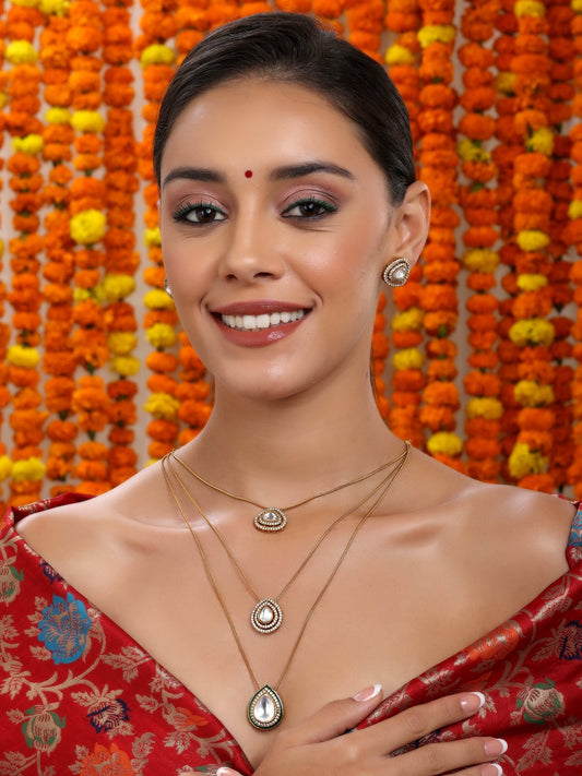 Layered Kundan Neckpiece with Matching Studs - Ruby Raang - Swadesiicart