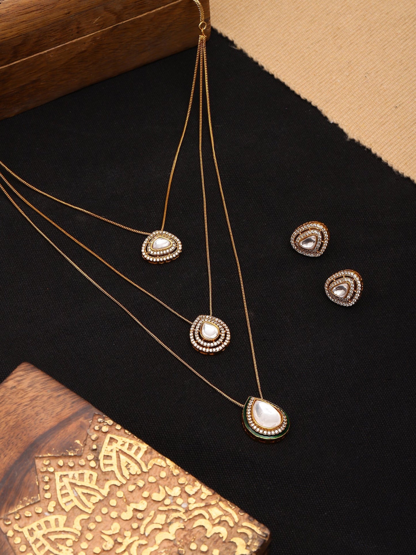 Layered Kundan Neckpiece with Matching Studs - Ruby Raang - Swadesiicart