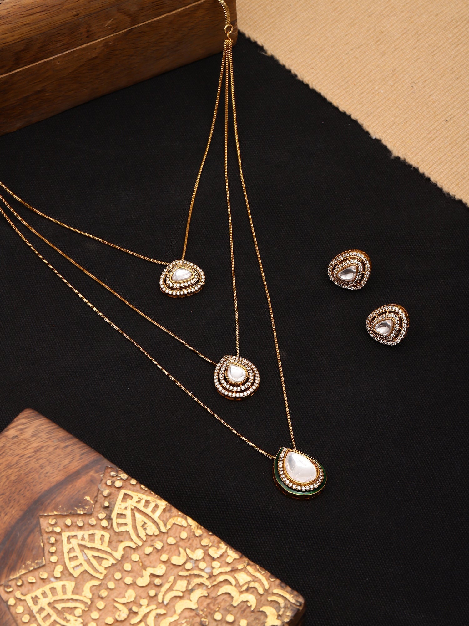 Layered Kundan Neckpiece with Matching Studs - Ruby Raang - Swadesiicart