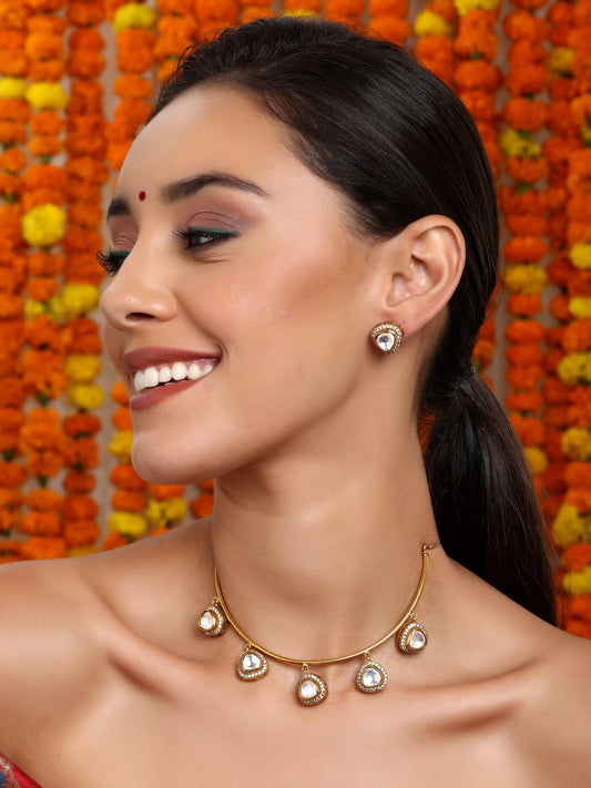 Hasli with Kundan & Mossainite & Matching Studs - Ruby Raang - Swadesiicart