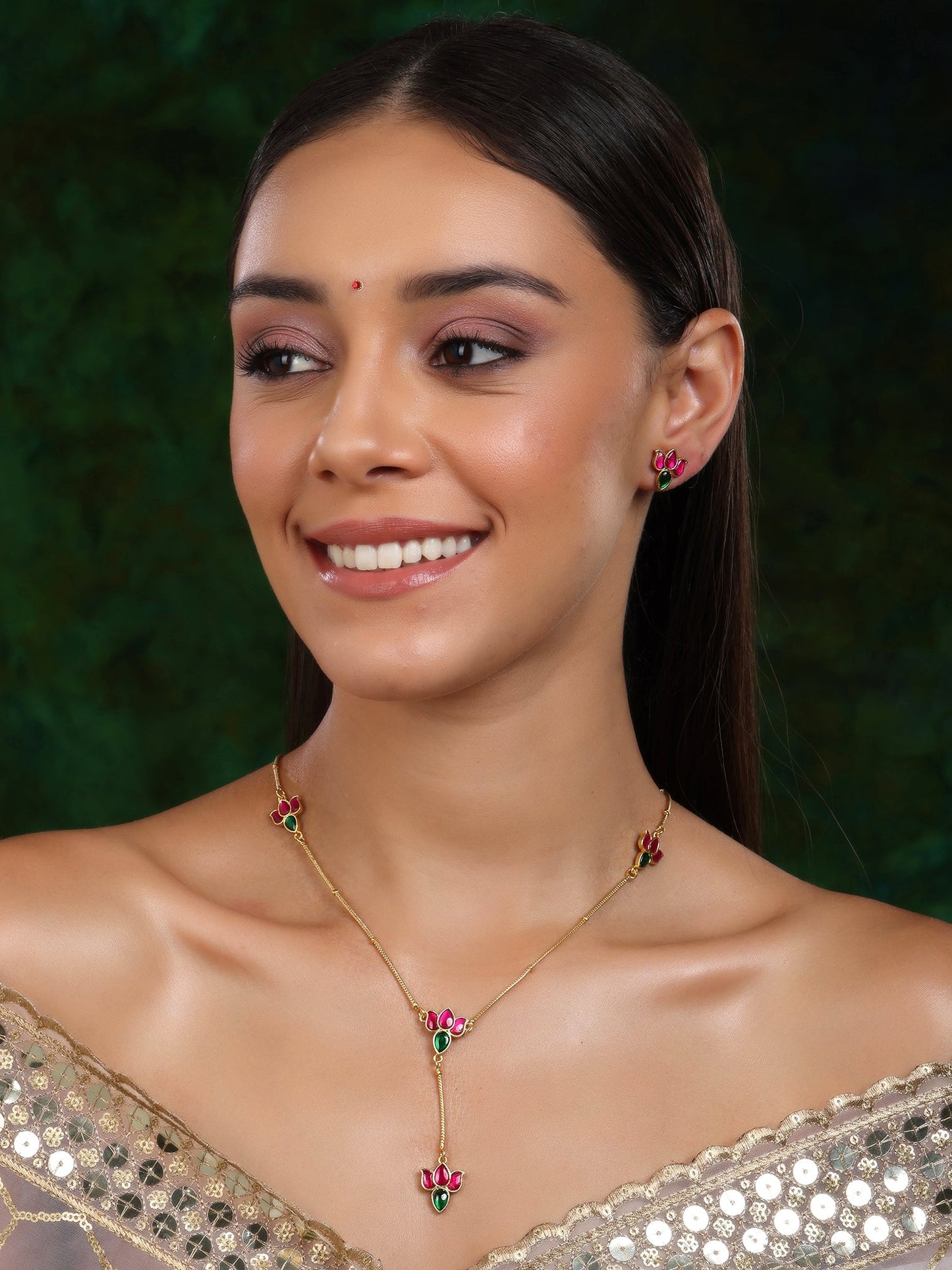 Handcrafted Patchi Kundan Necklace with Studs - Ruby Raang - Swadesiicart