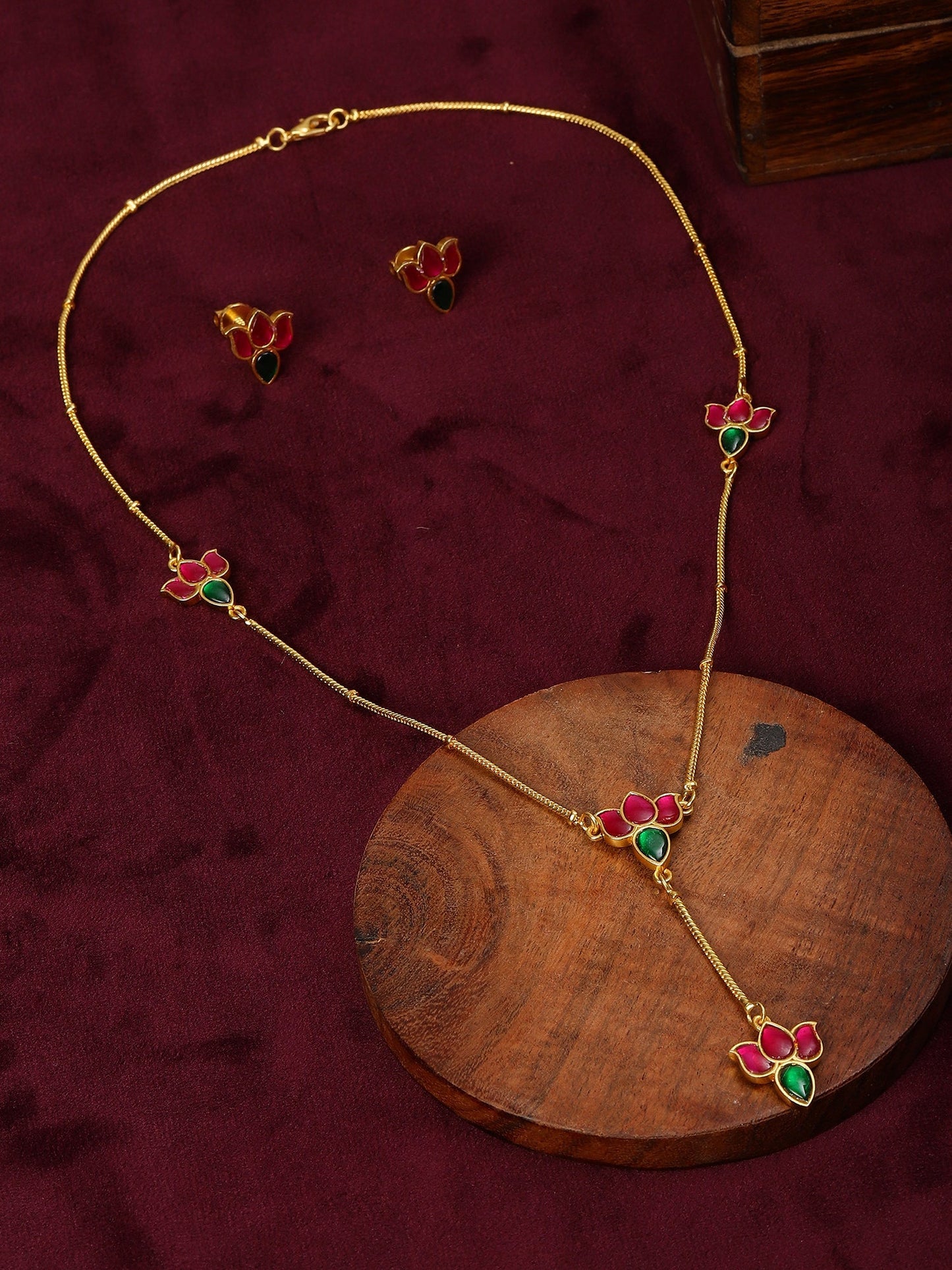 Handcrafted Patchi Kundan Necklace with Studs - Ruby Raang - Swadesiicart
