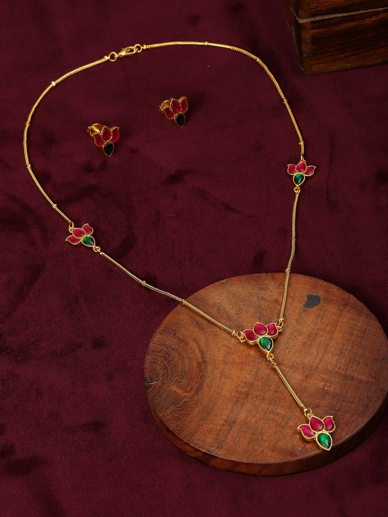 Handcrafted Patchi Kundan Necklace with Studs - Ruby Raang - Swadesiicart