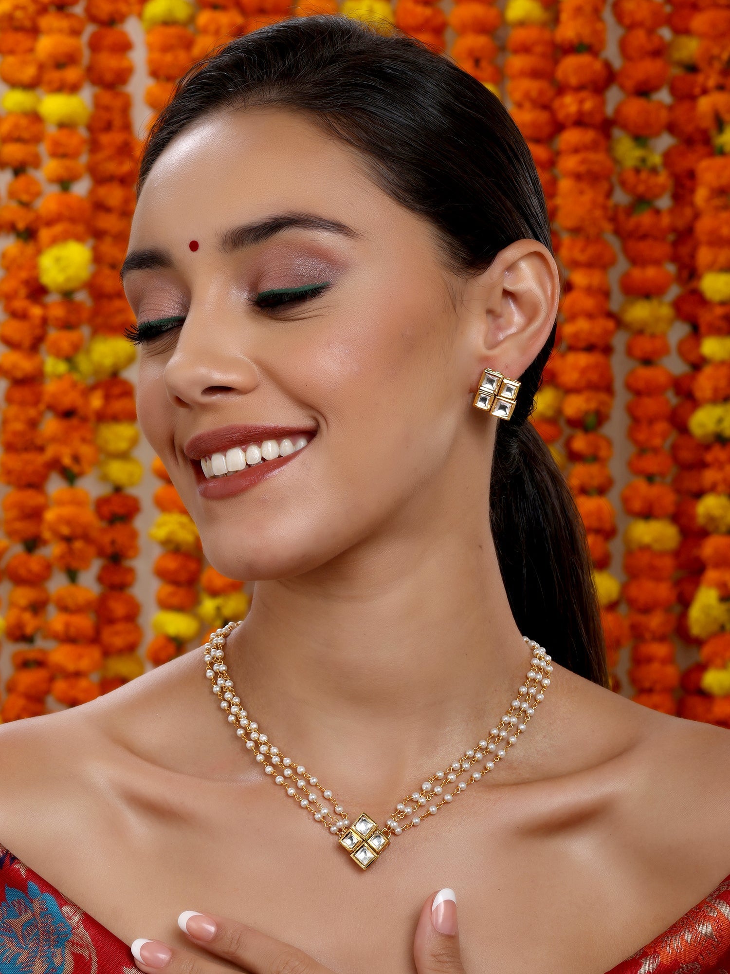 Kundan in Pearl String with Matching Studs - Ruby Raang - Swadesiicart
