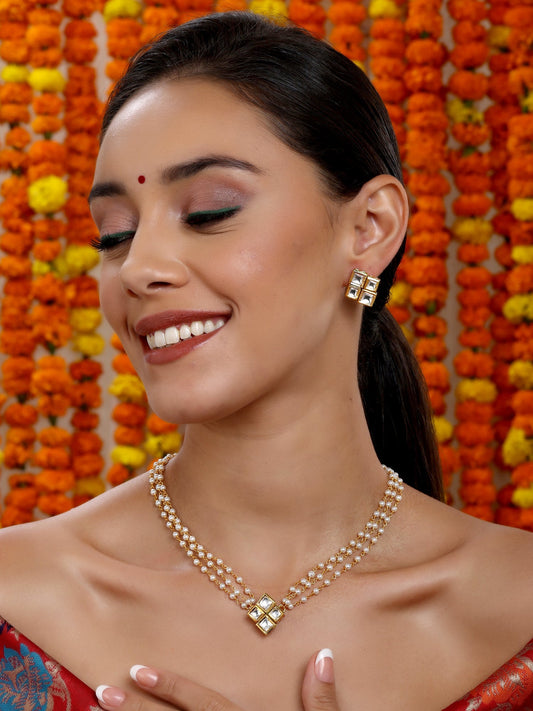 Kundan in Pearl String with Matching Studs - Ruby Raang - Swadesiicart