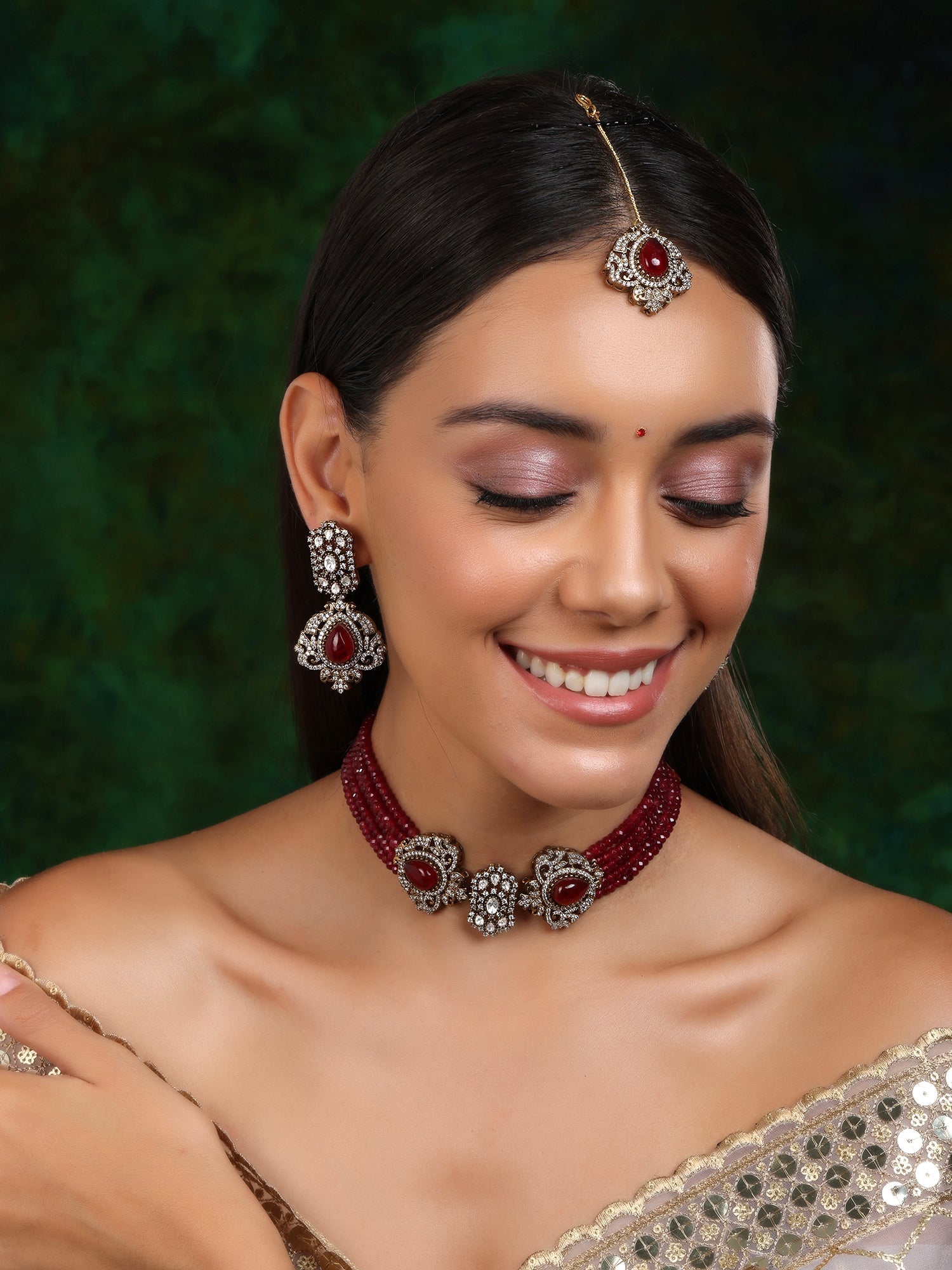 Maroon Stone and Mossainite Kundan in Maroon Onyx with Matching Earrings and Maang Tikka - Ruby Raang - Swadesiicart