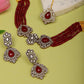 Maroon Stone and Mossainite Kundan in Maroon Onyx with Matching Earrings and Maang Tikka - Ruby Raang - Swadesiicart