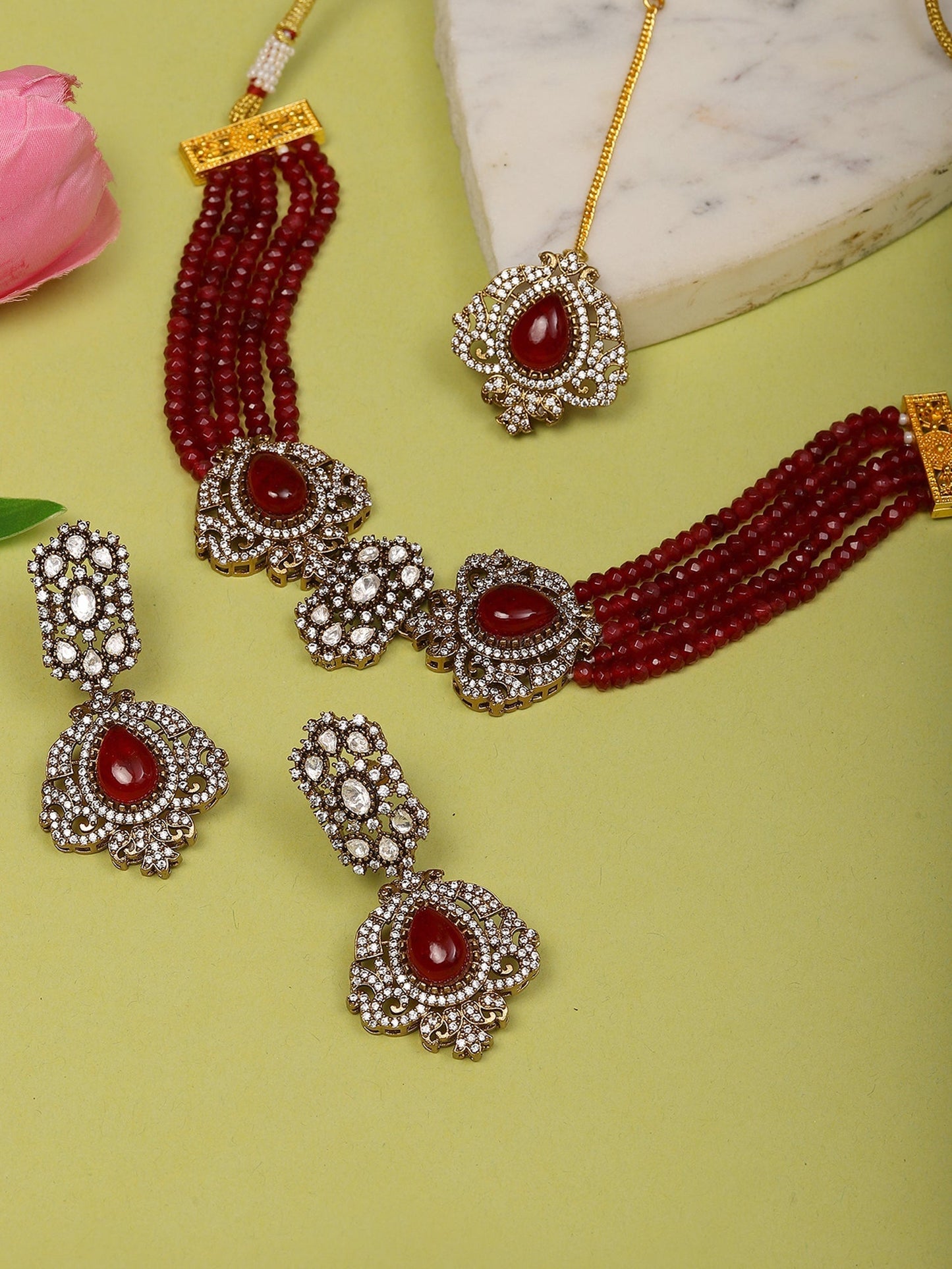 Maroon Stone and Mossainite Kundan in Maroon Onyx with Matching Earrings and Maang Tikka - Ruby Raang - Swadesiicart