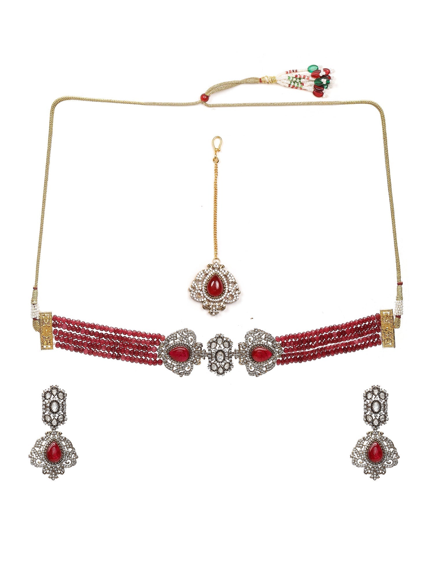 Maroon Stone and Mossainite Kundan in Maroon Onyx with Matching Earrings and Maang Tikka - Ruby Raang - Swadesiicart
