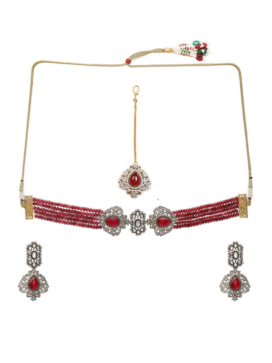 Maroon Stone and Mossainite Kundan in Maroon Onyx with Matching Earrings and Maang Tikka - Ruby Raang - Swadesiicart