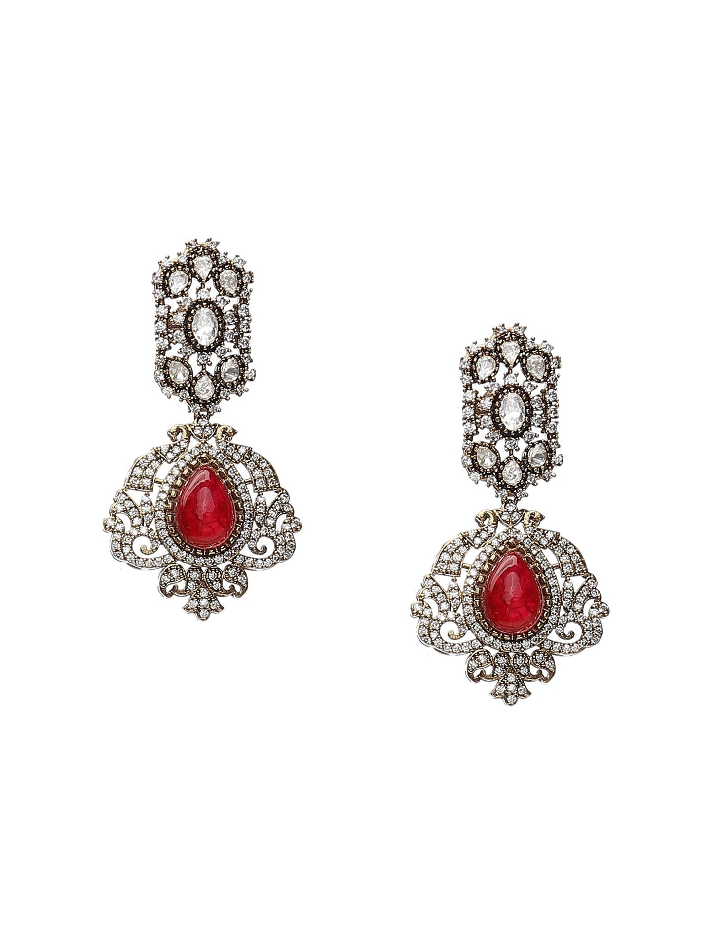 Maroon Stone and Mossainite Kundan in Maroon Onyx with Matching Earrings and Maang Tikka - Ruby Raang - Swadesiicart