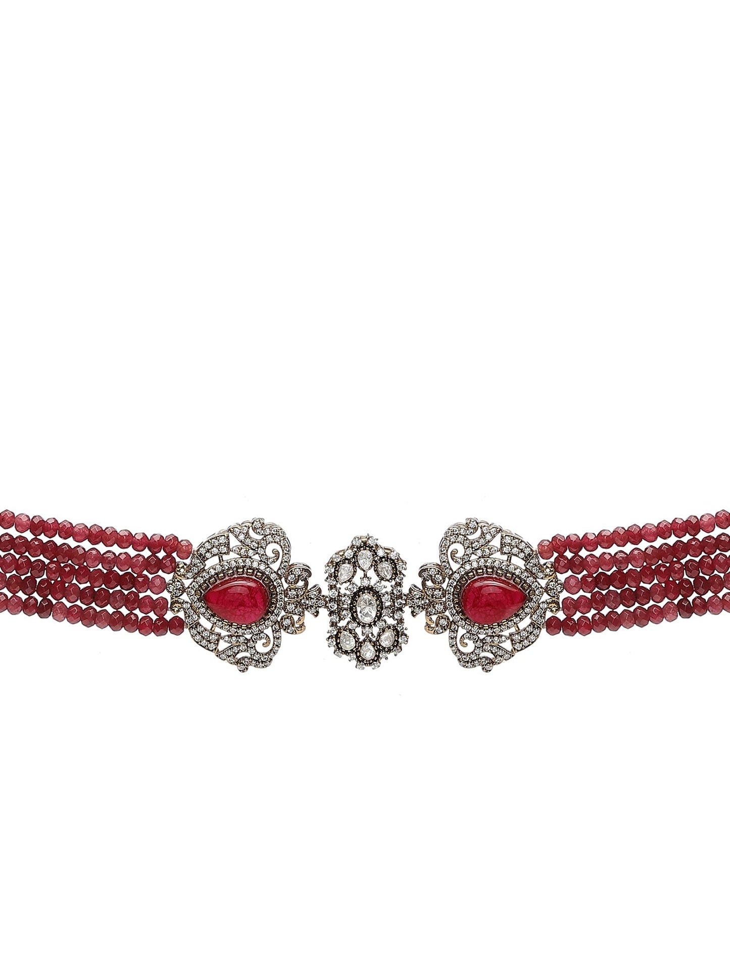 Maroon Stone and Mossainite Kundan in Maroon Onyx with Matching Earrings and Maang Tikka - Ruby Raang - Swadesiicart