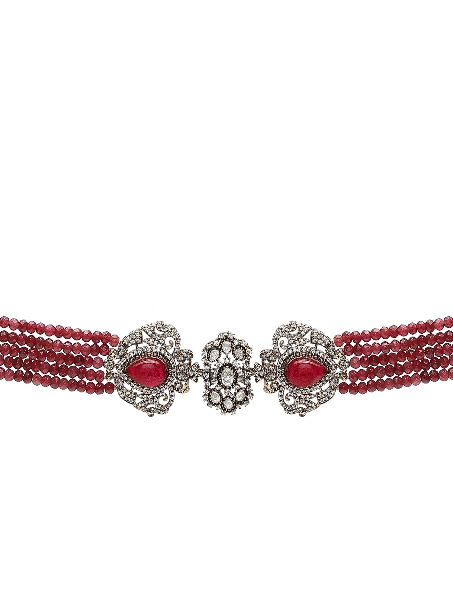 Maroon Stone and Mossainite Kundan in Maroon Onyx with Matching Earrings and Maang Tikka - Ruby Raang - Swadesiicart