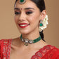 Emerald Stone and Mossainite Kundan in Green Onyx with Matching Earrings and Maang Tikka - Ruby Raang - Swadesiicart