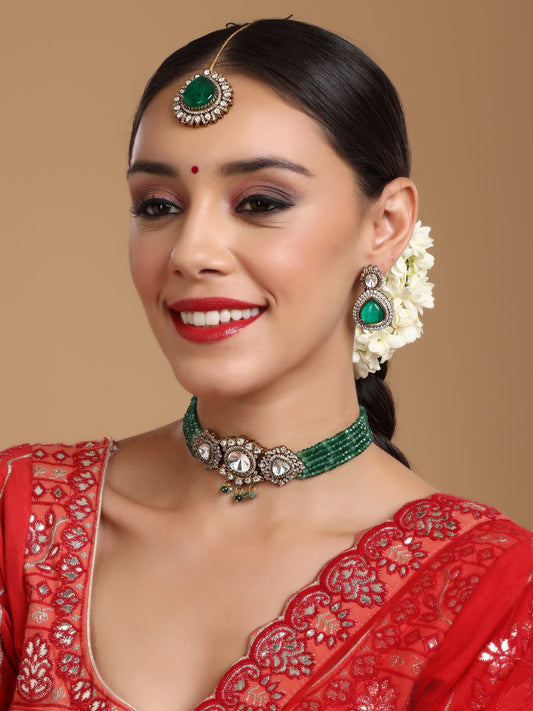 Emerald Stone and Mossainite Kundan in Green Onyx with Matching Earrings and Maang Tikka - Ruby Raang - Swadesiicart