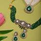 Emerald Stone and Mossainite Kundan in Green Onyx with Matching Earrings and Maang Tikka - Ruby Raang - Swadesiicart