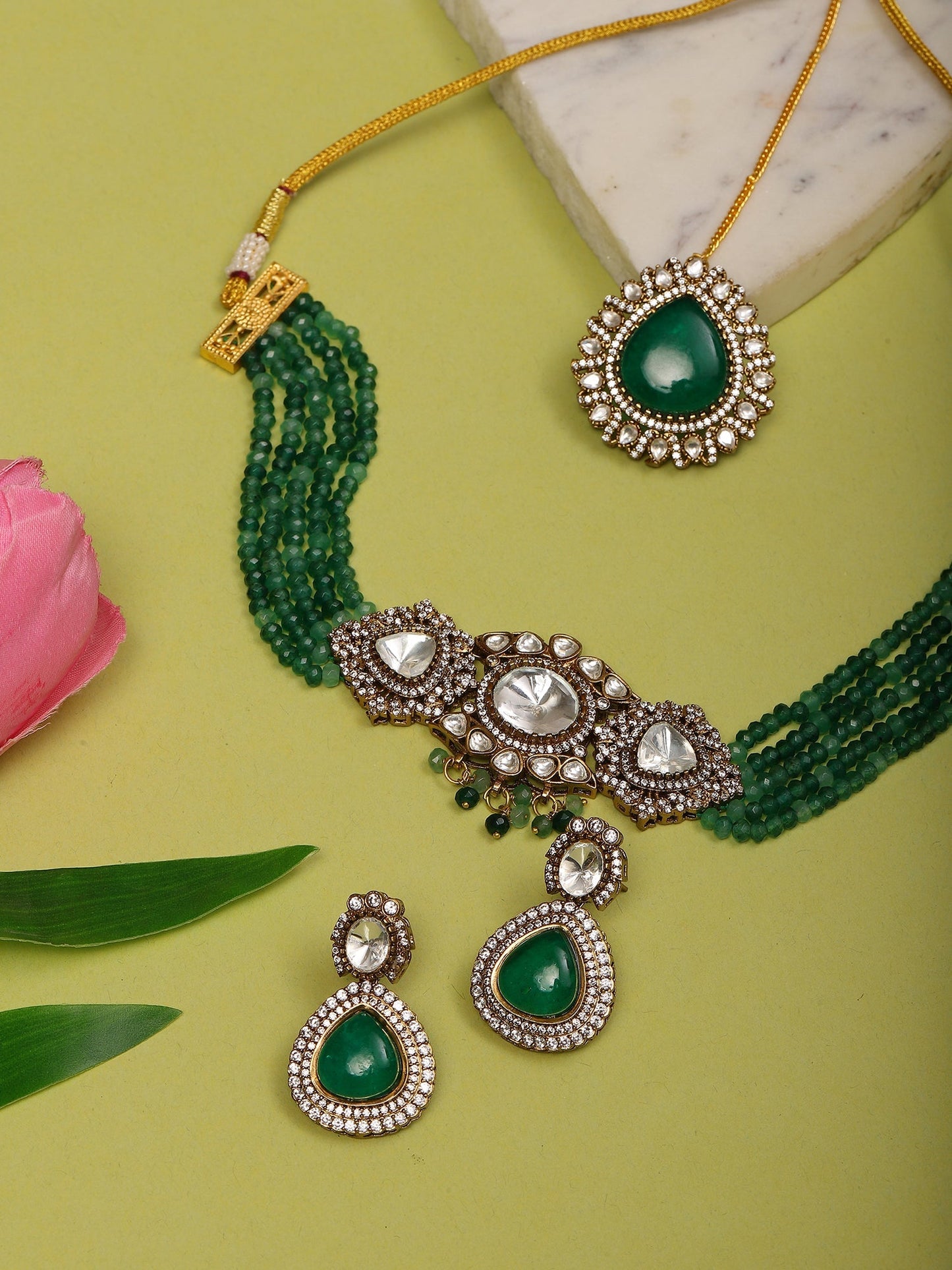 Emerald Stone and Mossainite Kundan in Green Onyx with Matching Earrings and Maang Tikka - Ruby Raang - Swadesiicart