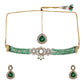 Emerald Stone and Mossainite Kundan in Green Onyx with Matching Earrings and Maang Tikka - Ruby Raang - Swadesiicart