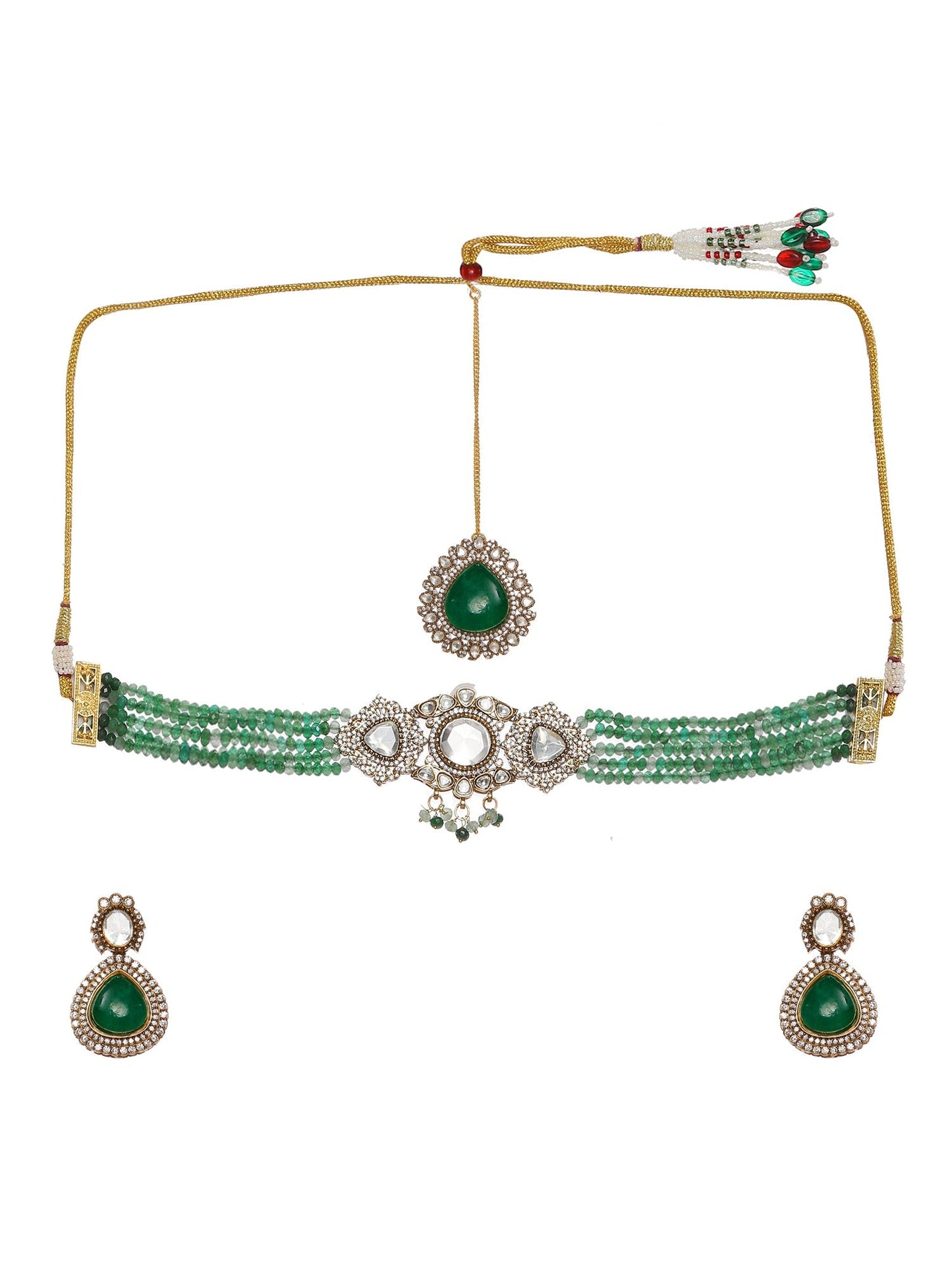Emerald Stone and Mossainite Kundan in Green Onyx with Matching Earrings and Maang Tikka - Ruby Raang - Swadesiicart