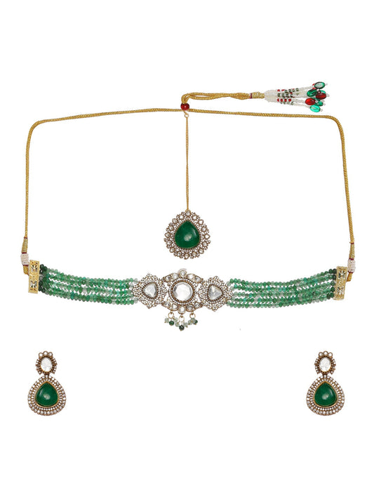 Emerald Stone and Mossainite Kundan in Green Onyx with Matching Earrings and Maang Tikka - Ruby Raang - Swadesiicart