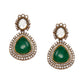 Emerald Stone and Mossainite Kundan in Green Onyx with Matching Earrings and Maang Tikka - Ruby Raang - Swadesiicart