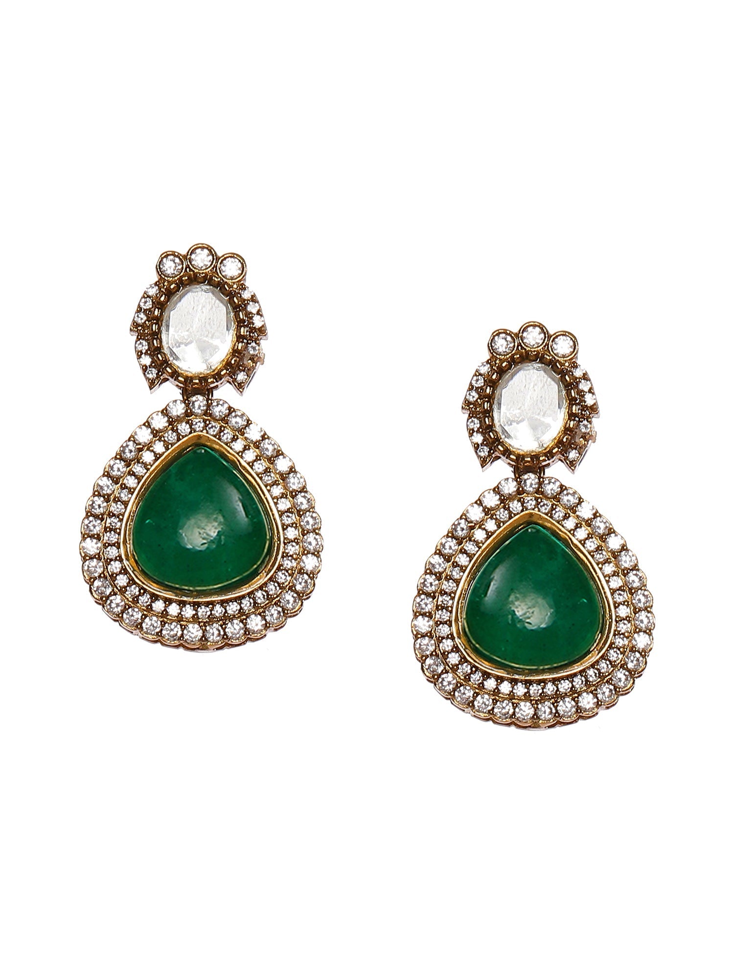 Emerald Stone and Mossainite Kundan in Green Onyx with Matching Earrings and Maang Tikka - Ruby Raang - Swadesiicart