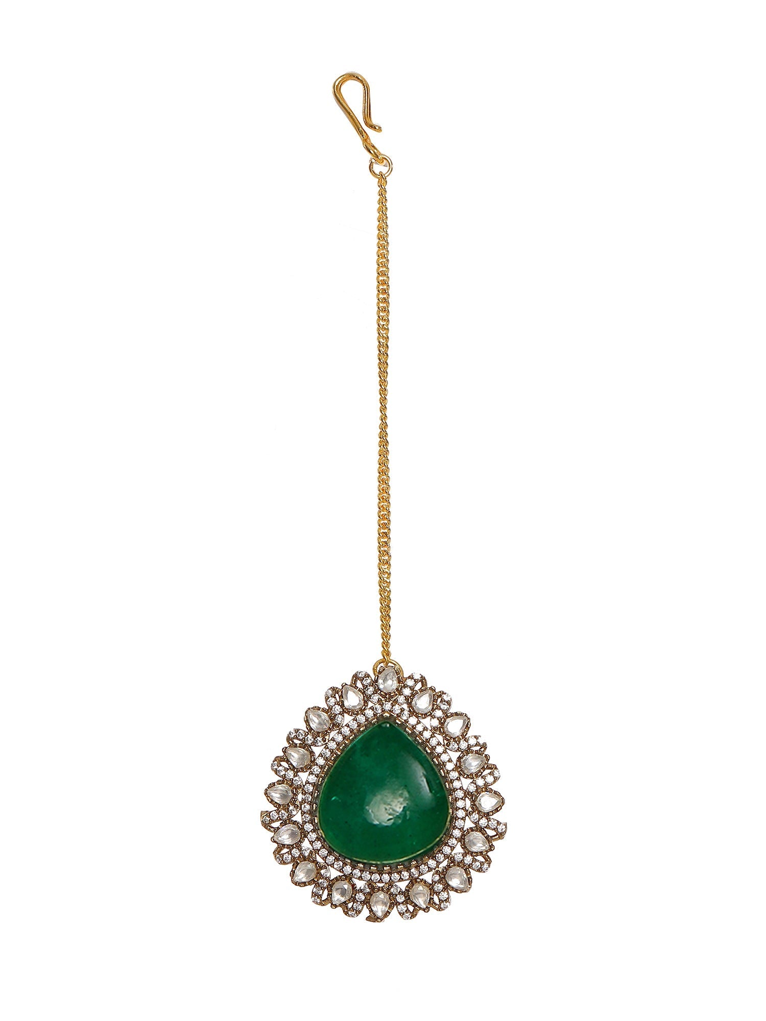 Emerald Stone and Mossainite Kundan in Green Onyx with Matching Earrings and Maang Tikka - Ruby Raang - Swadesiicart