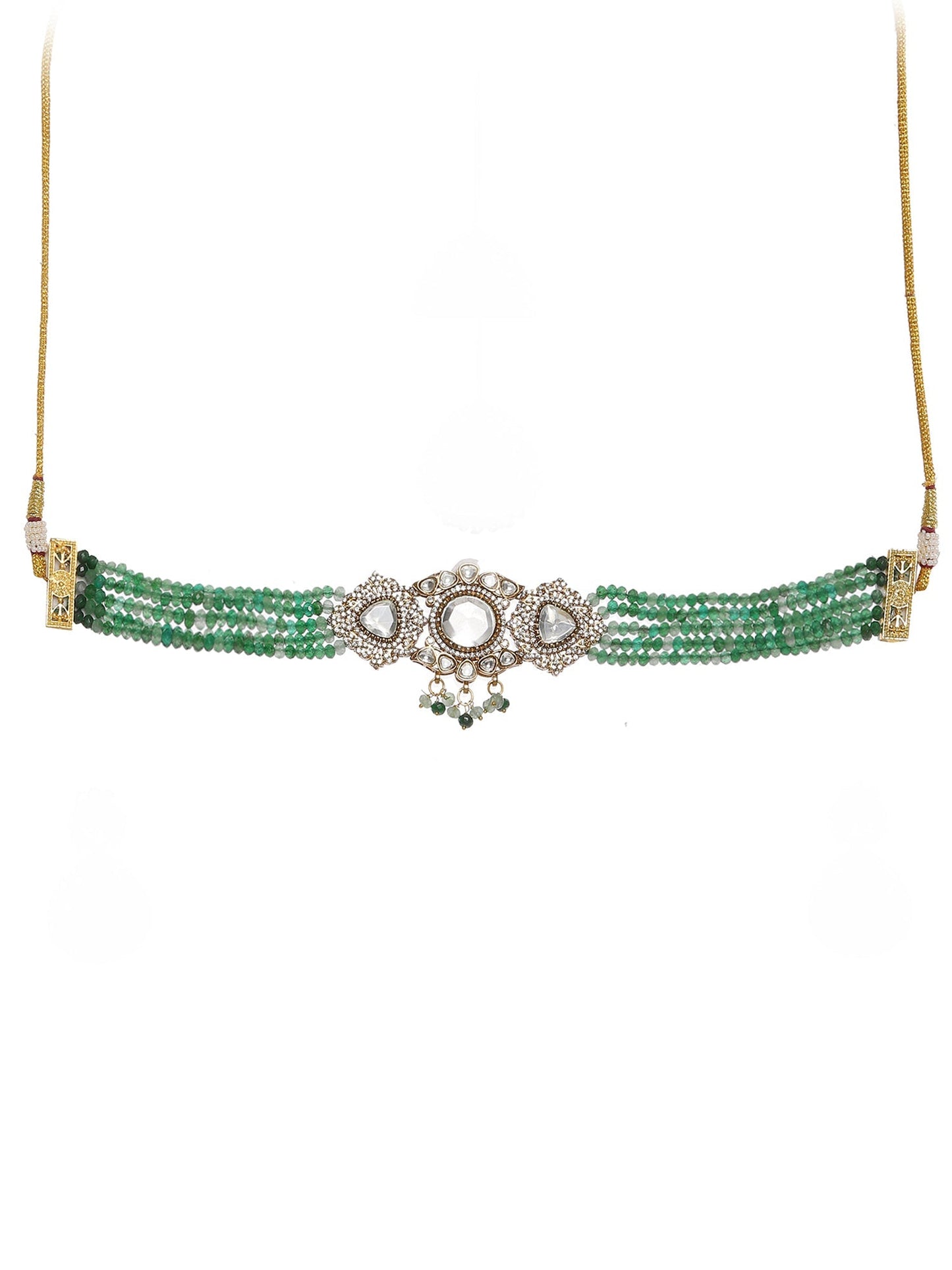 Emerald Stone and Mossainite Kundan in Green Onyx with Matching Earrings and Maang Tikka - Ruby Raang - Swadesiicart
