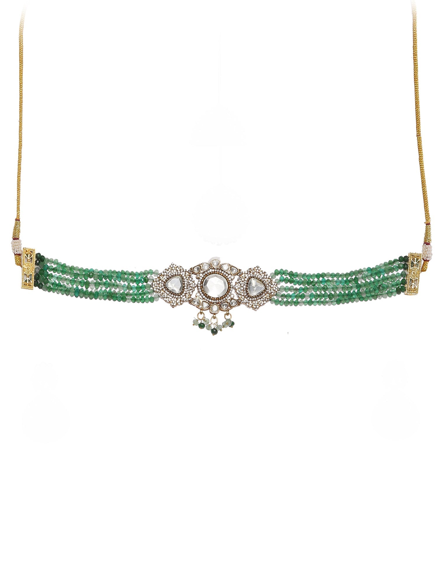 Emerald Stone and Mossainite Kundan in Green Onyx with Matching Earrings and Maang Tikka - Ruby Raang - Swadesiicart