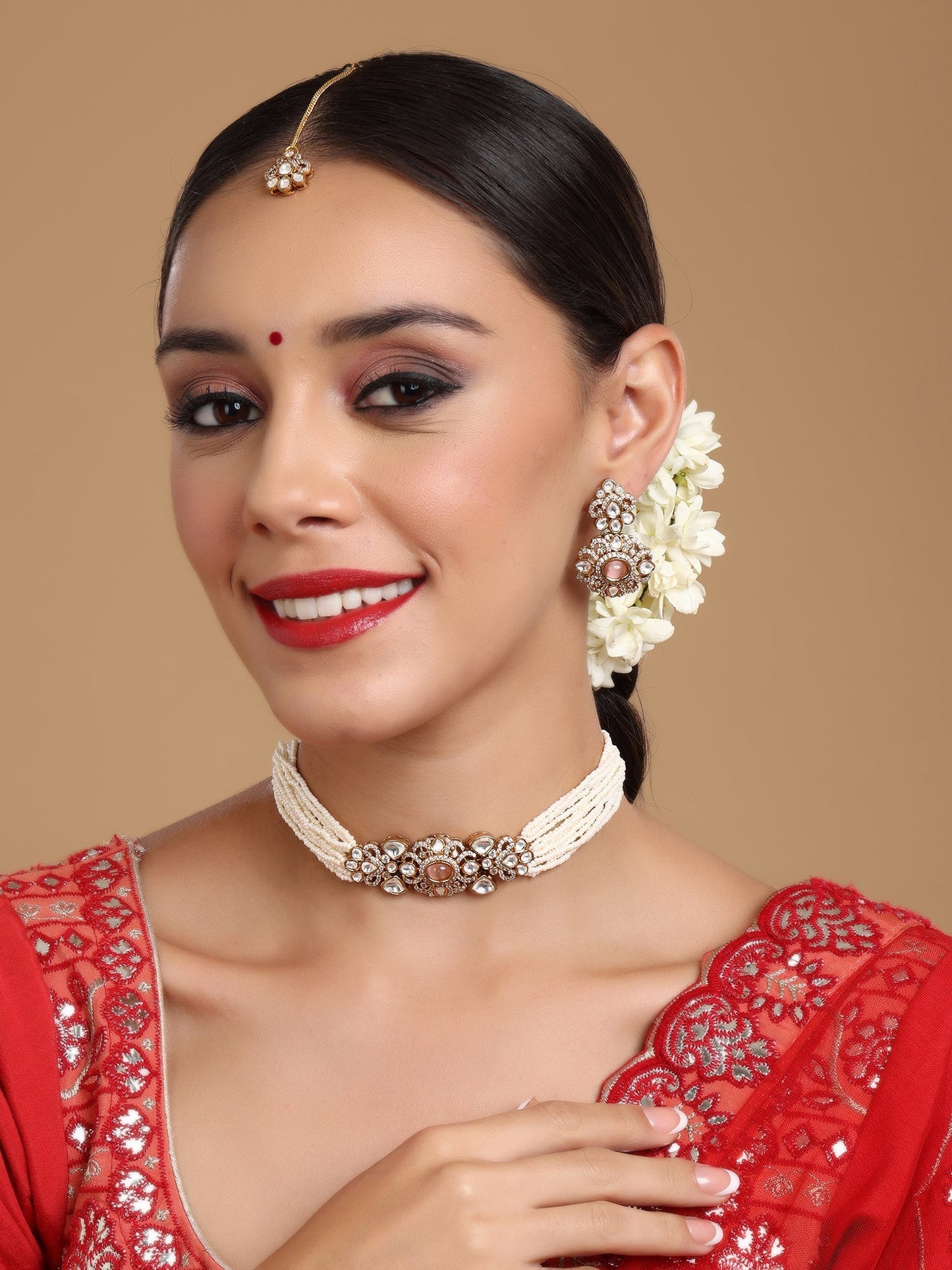 Stone and Mossainite Kundan in Pearls with Matching Earrings and Maang Tikka - Ruby Raang - Swadesiicart