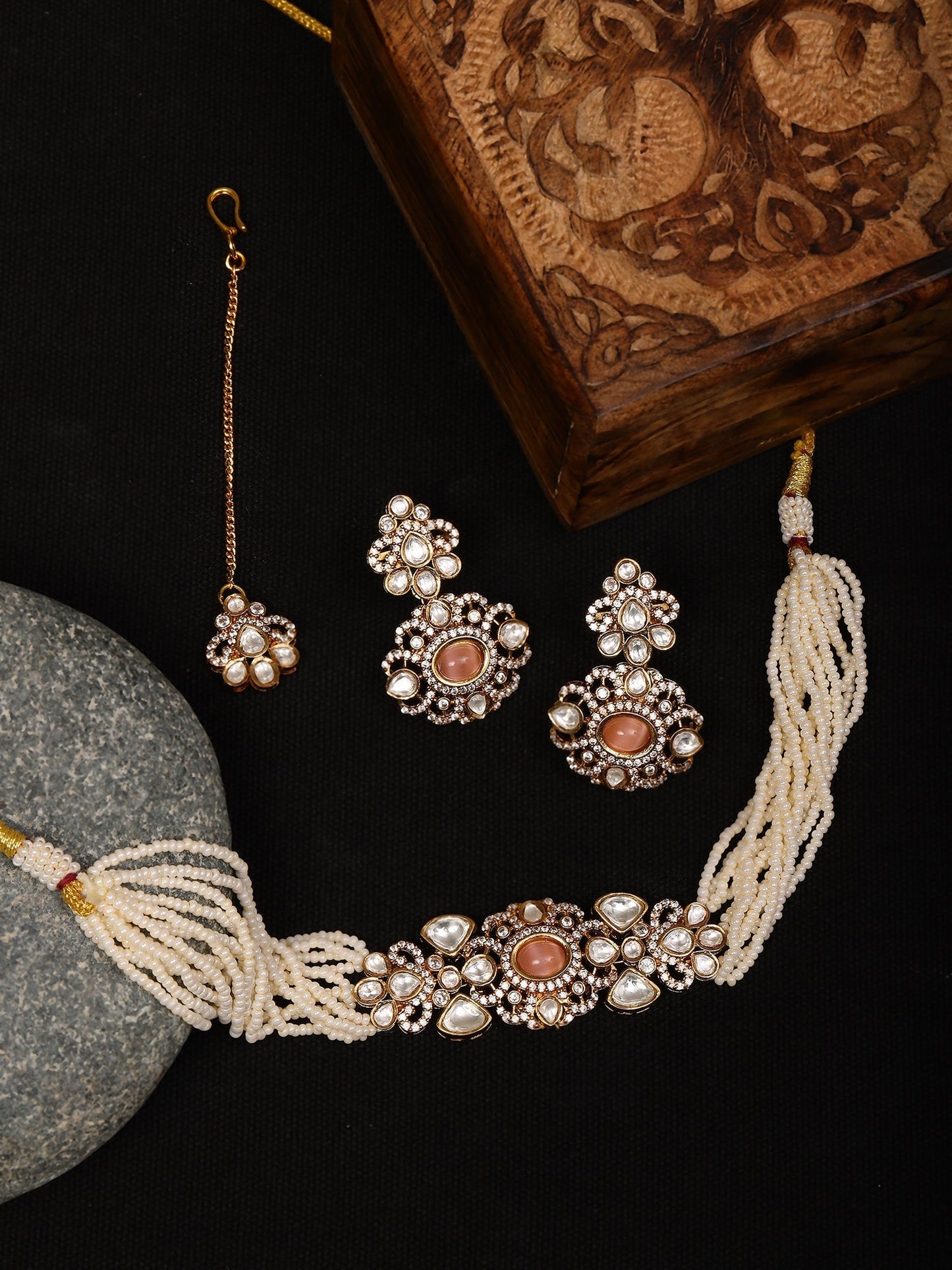 Stone and Mossainite Kundan in Pearls with Matching Earrings and Maang Tikka - Ruby Raang - Swadesiicart