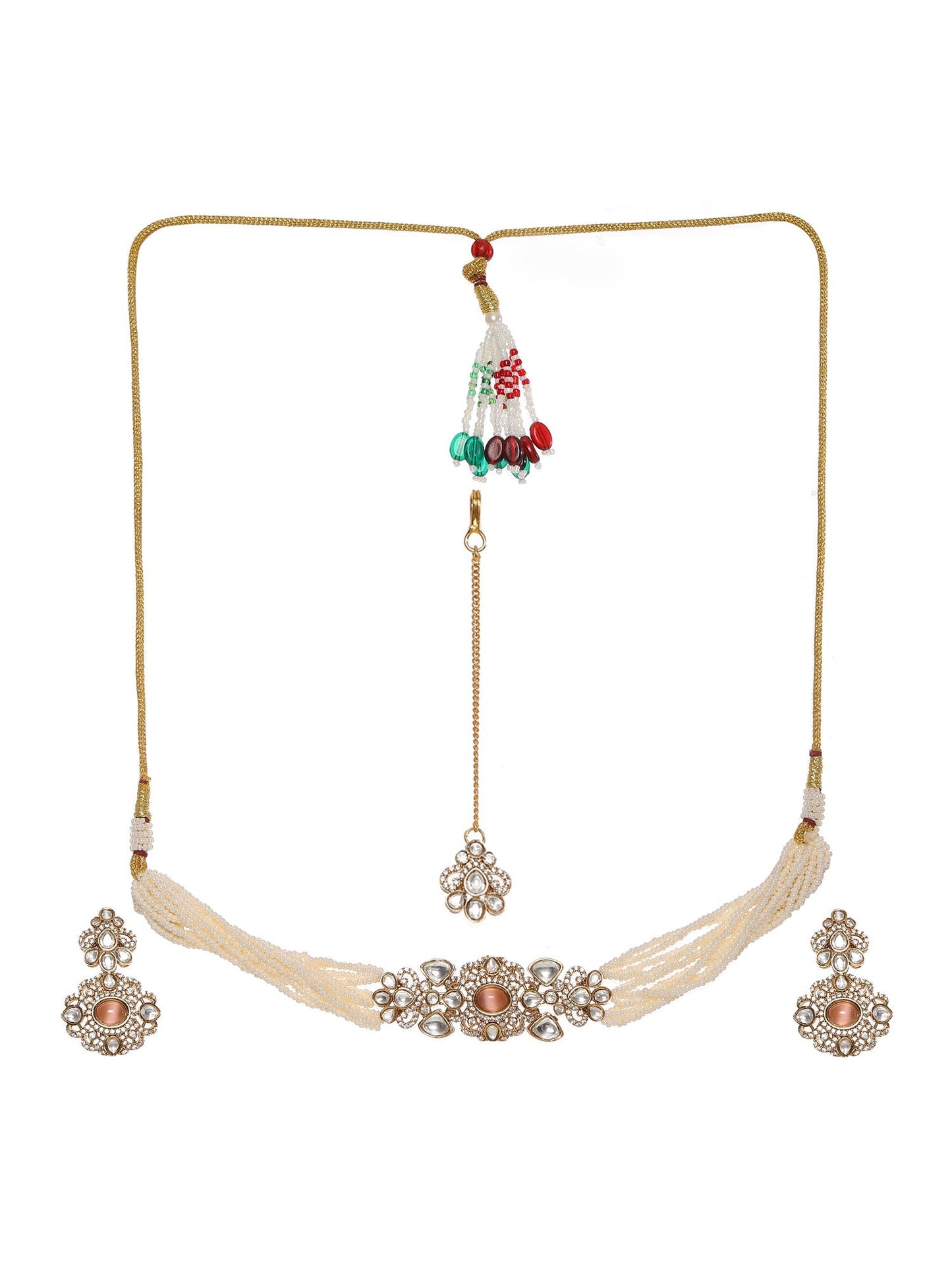 Stone and Mossainite Kundan in Pearls with Matching Earrings and Maang Tikka - Ruby Raang - Swadesiicart
