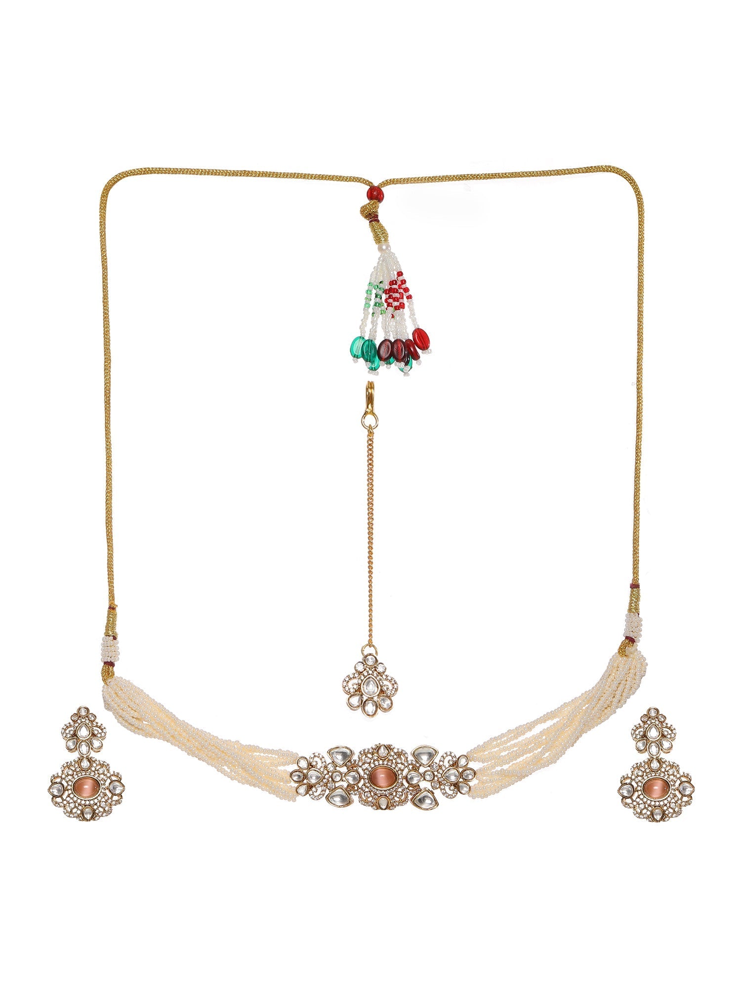 Stone and Mossainite Kundan in Pearls with Matching Earrings and Maang Tikka - Ruby Raang - Swadesiicart