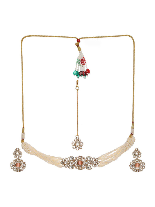 Stone and Mossainite Kundan in Pearls with Matching Earrings and Maang Tikka - Ruby Raang - Swadesiicart