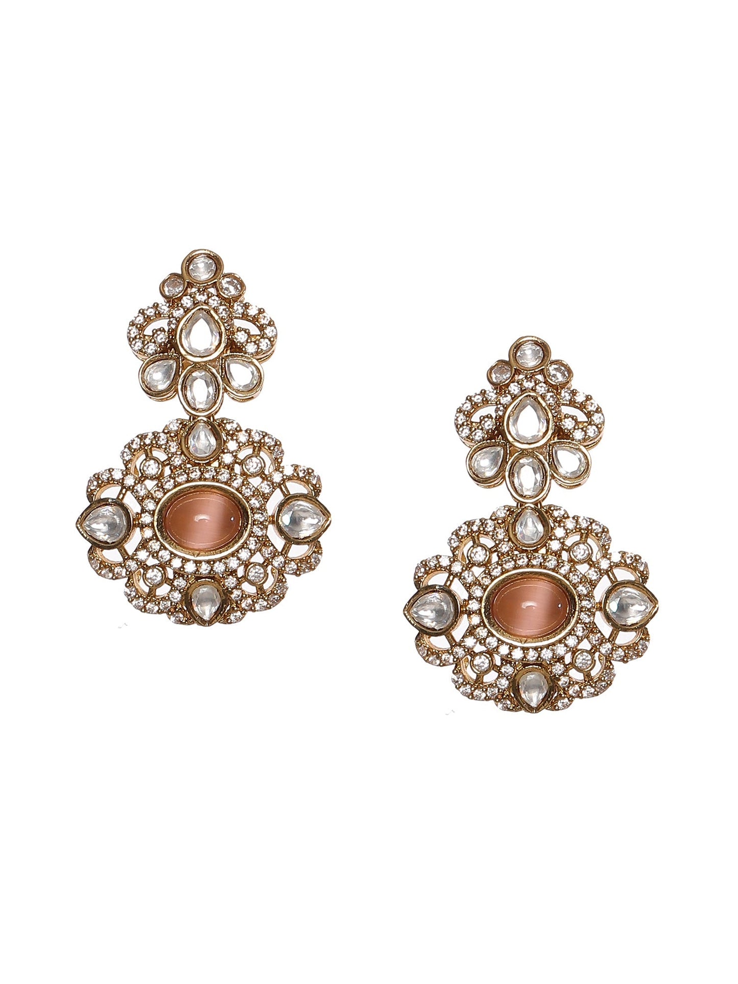 Stone and Mossainite Kundan in Pearls with Matching Earrings and Maang Tikka - Ruby Raang - Swadesiicart