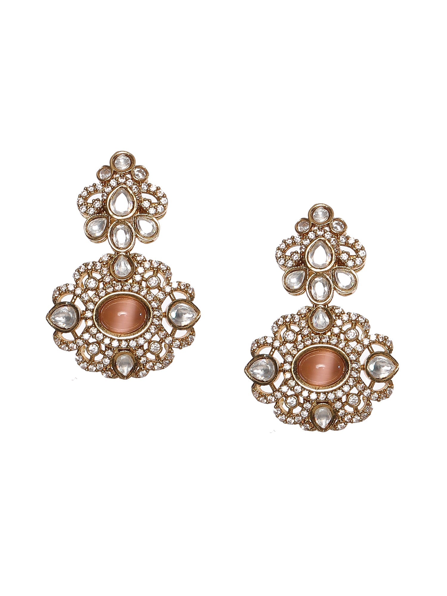 Stone and Mossainite Kundan in Pearls with Matching Earrings and Maang Tikka - Ruby Raang - Swadesiicart