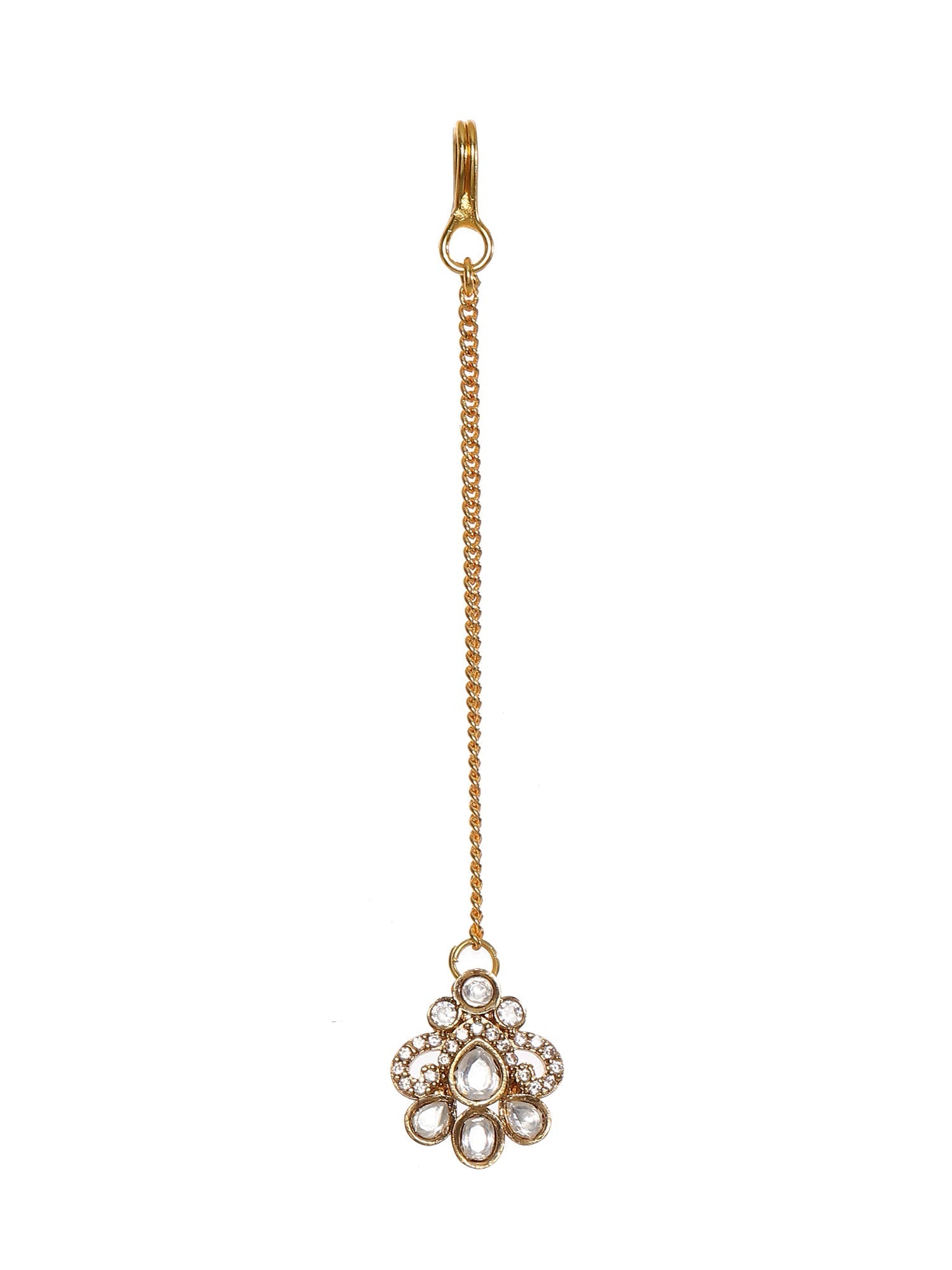 Stone and Mossainite Kundan in Pearls with Matching Earrings and Maang Tikka - Ruby Raang - Swadesiicart