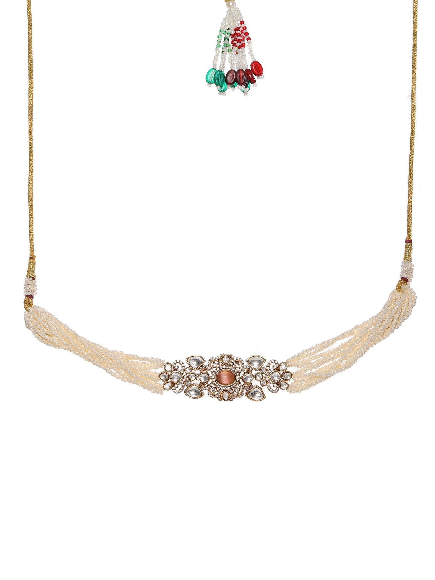 Stone and Mossainite Kundan in Pearls with Matching Earrings and Maang Tikka - Ruby Raang - Swadesiicart