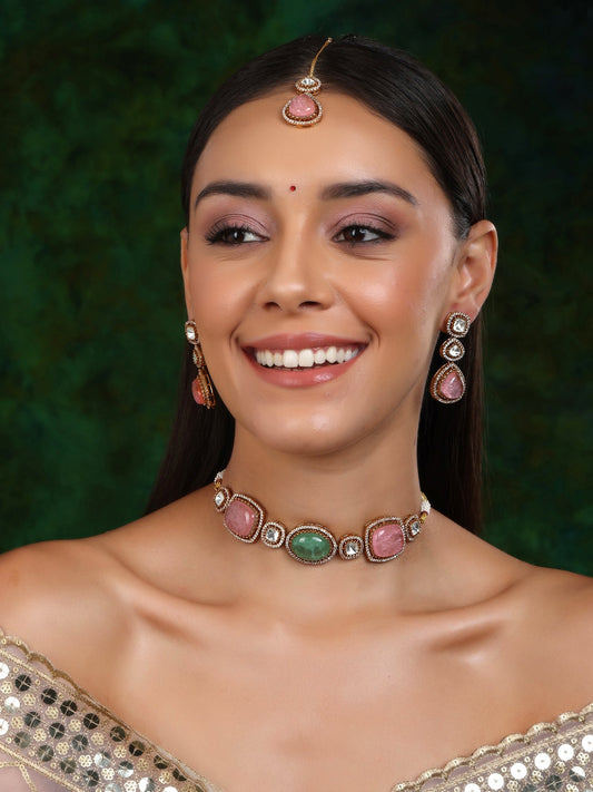 Multi Stone and Mossainite Kundan Choker with Matching Earrings and Maang Tikka - Ruby Raang - Swadesiicart