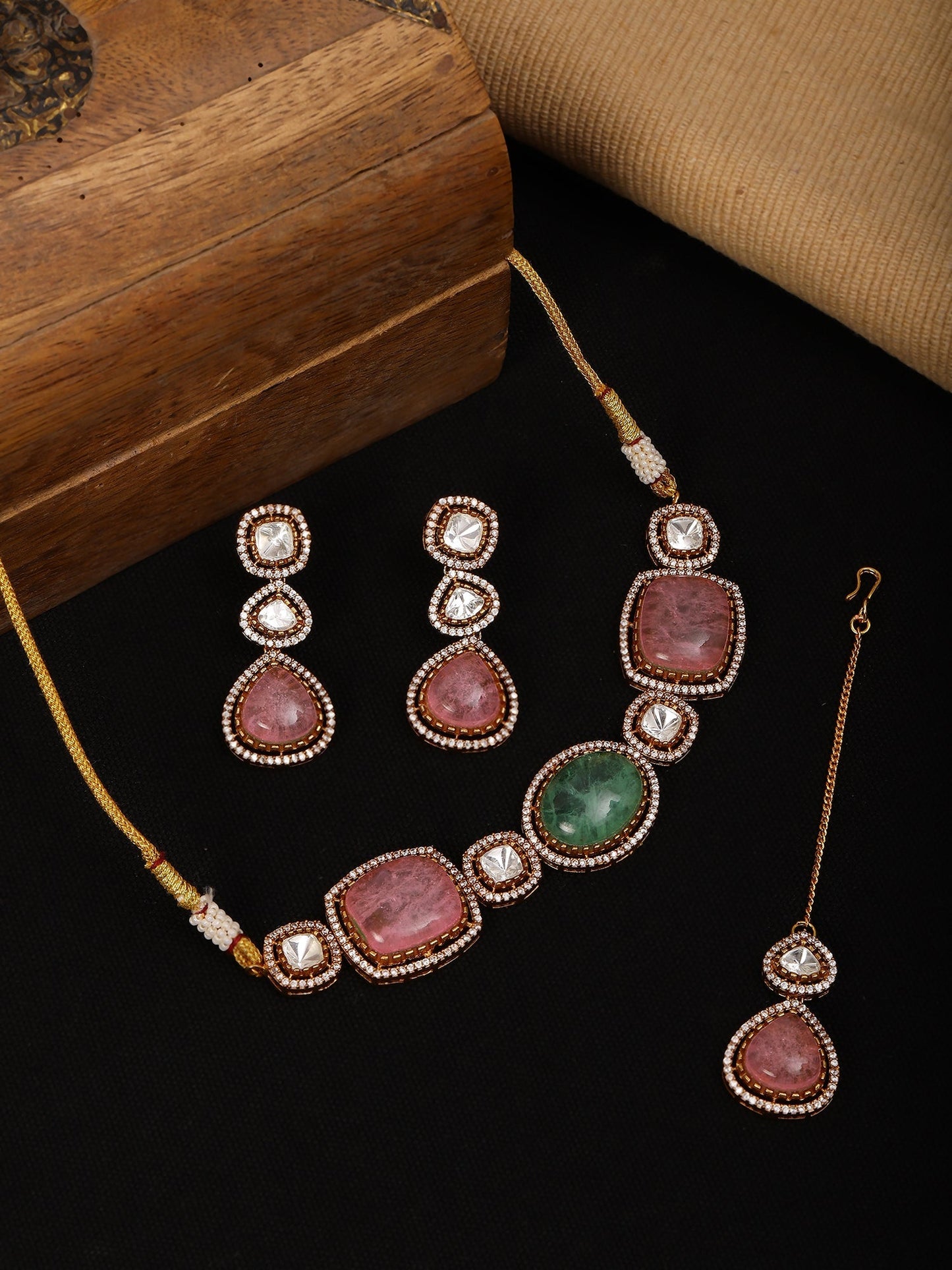 Multi Stone and Mossainite Kundan Choker with Matching Earrings and Maang Tikka - Ruby Raang - Swadesiicart