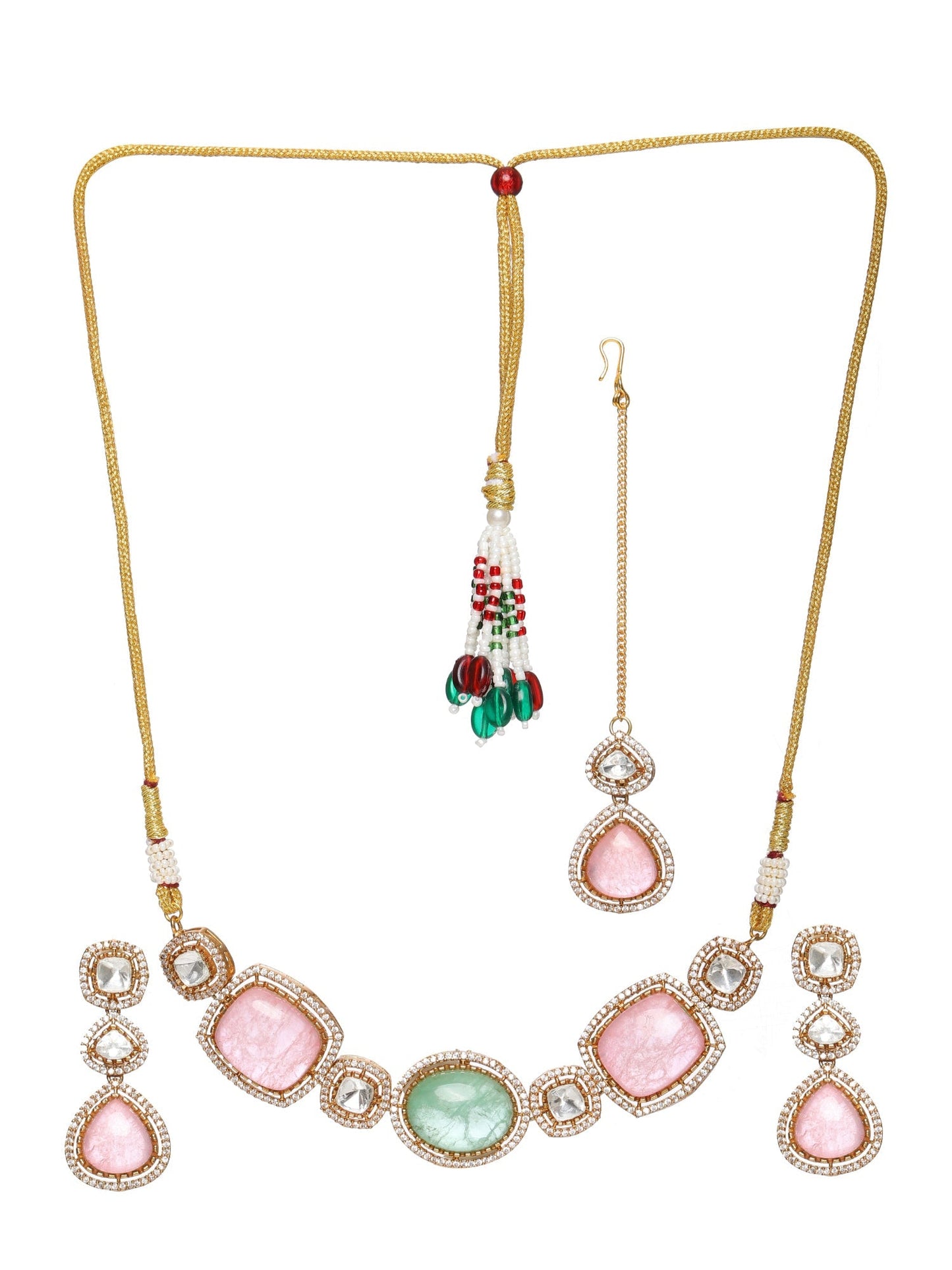 Multi Stone and Mossainite Kundan Choker with Matching Earrings and Maang Tikka - Ruby Raang - Swadesiicart
