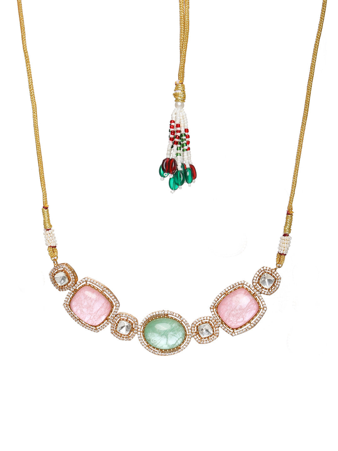 Multi Stone and Mossainite Kundan Choker with Matching Earrings and Maang Tikka - Ruby Raang - Swadesiicart
