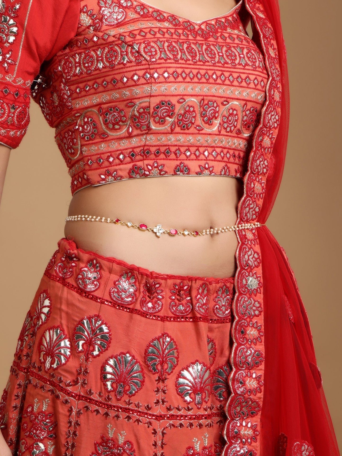 Red Stone & Clear Patchi Kundan in Pearl Kamar Band - Ruby Raang | Swadesiicart