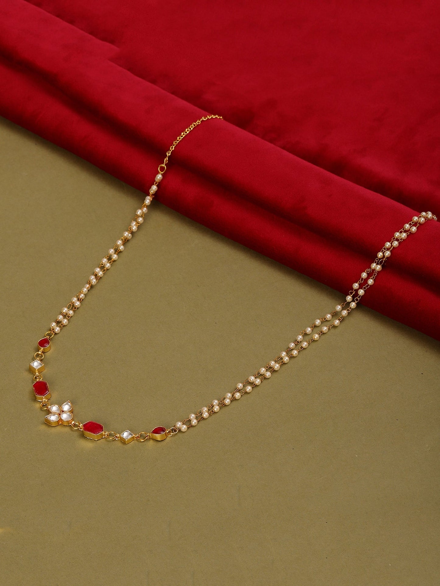 Red Stone & Clear Patchi Kundan in Pearl Kamar Band - Ruby Raang | Swadesiicart