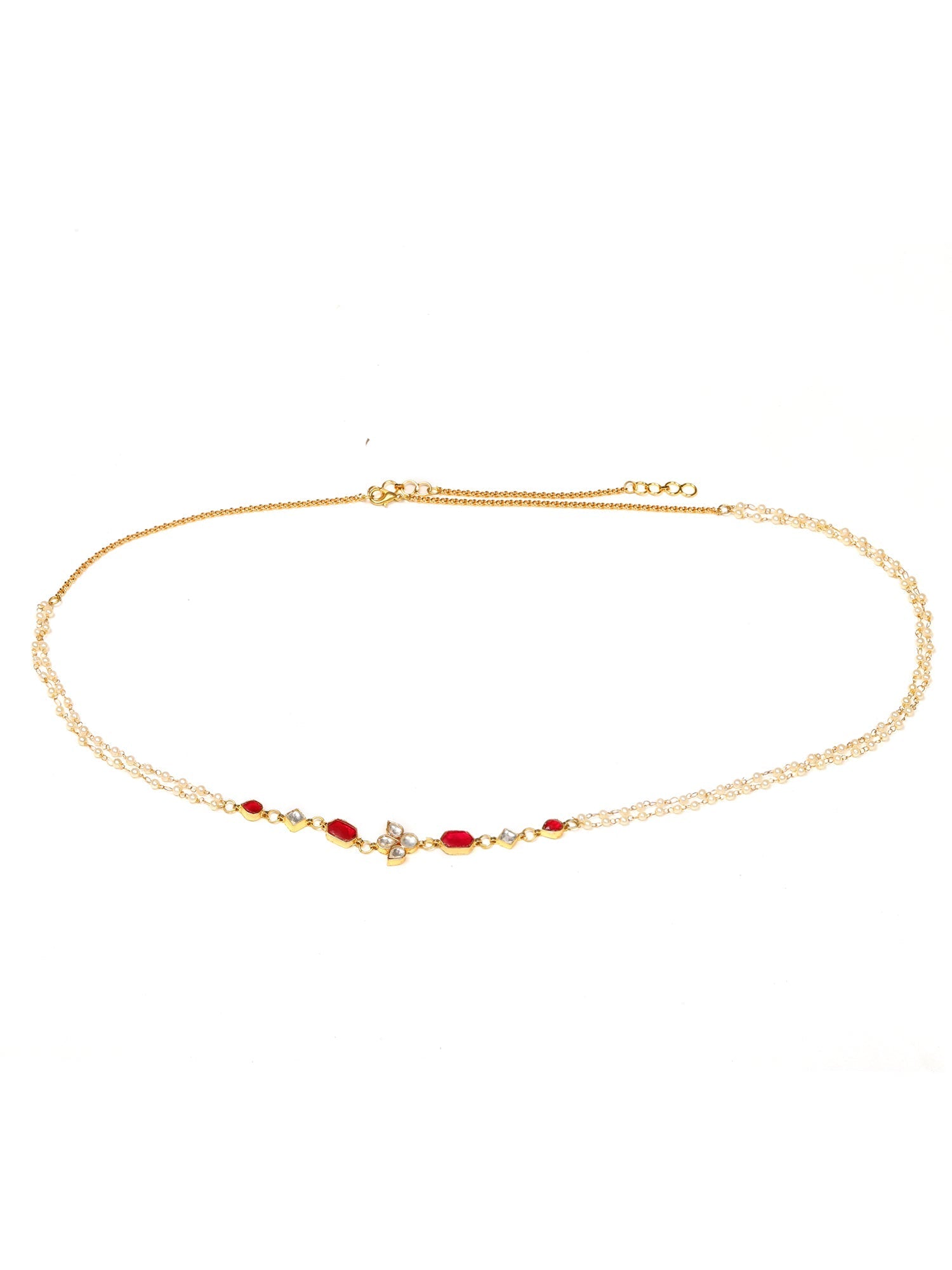 Red Stone & Clear Patchi Kundan in Pearl Kamar Band - Ruby Raang | Swadesiicart