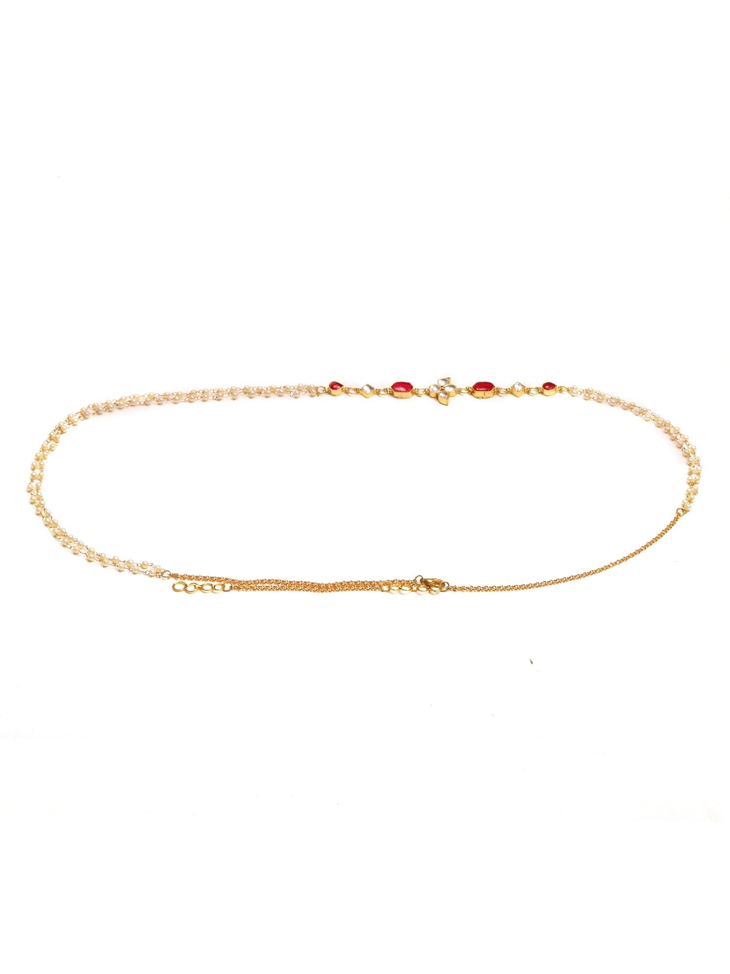 Red Stone & Clear Patchi Kundan in Pearl Kamar Band - Ruby Raang | Swadesiicart
