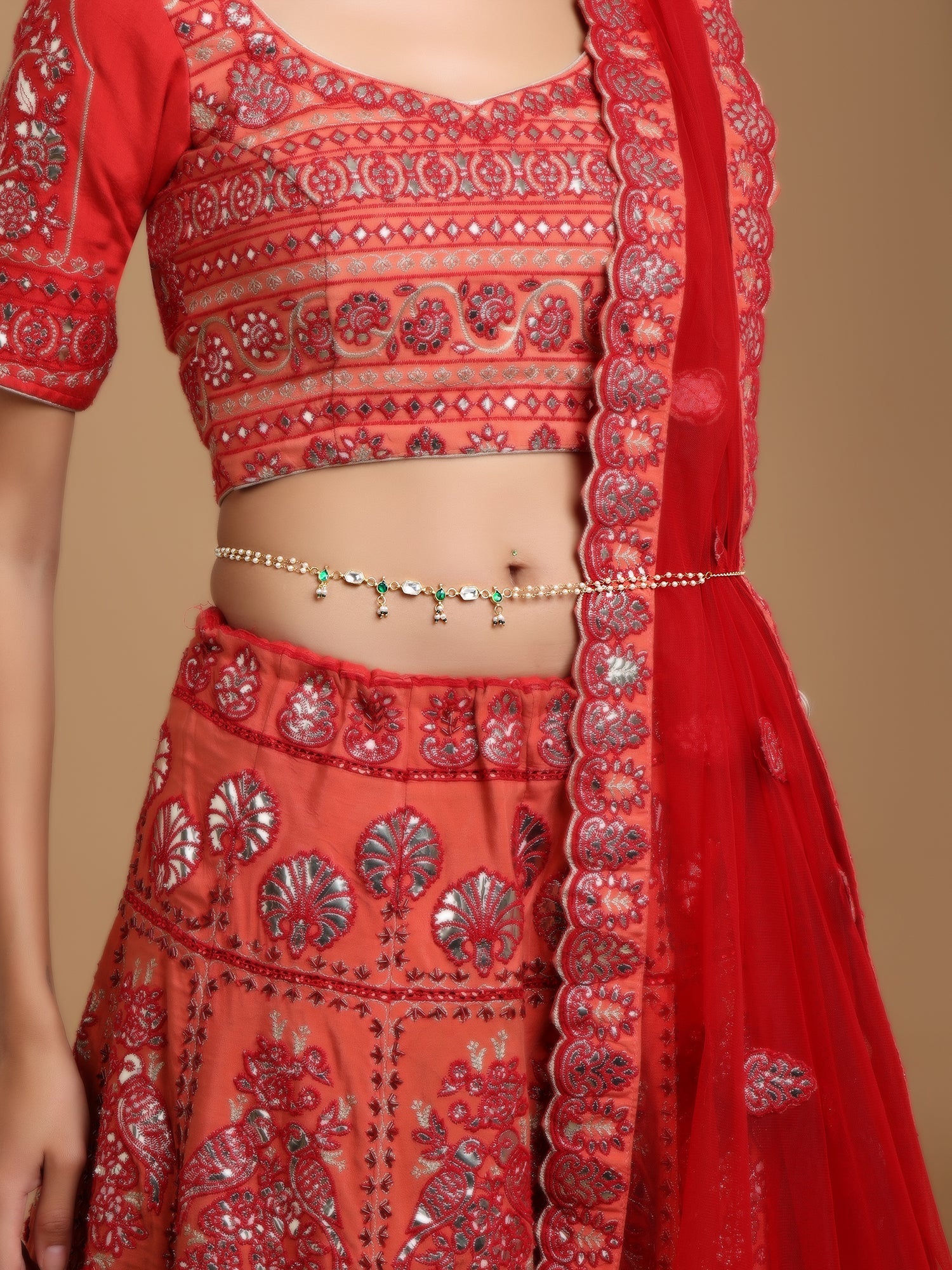 Green Stone & Clear Patchi Kundan in Pearl Kamar Band - Ruby Raang | Swadesiicart