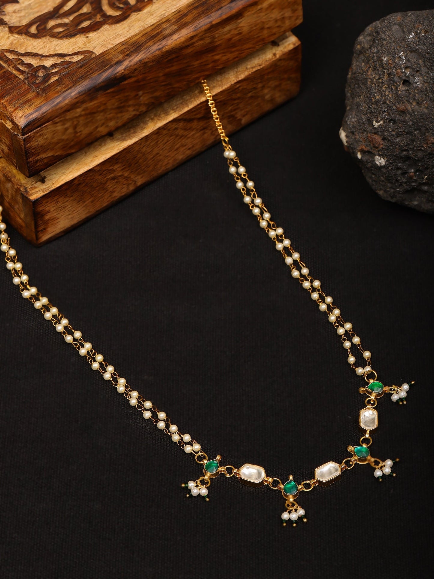 Green Stone & Clear Patchi Kundan in Pearl Kamar Band - Ruby Raang | Swadesiicart
